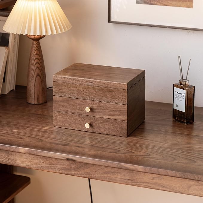 YESWOOD Jewelry Box Organizer, North America Black Walnut Wood Jewelry Boxes with 3 Drawers for Women for Storage & Display of Necklaces, Rings, Earrings, and Bracelets