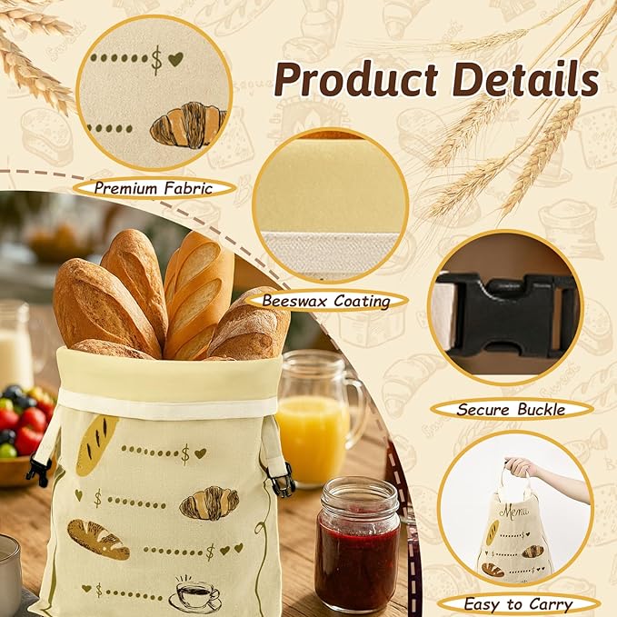 Zadoreck Reusable Beeswax Bread Bags Set – 2 Large Organic Linen Bread Bags (17 x 13 Inches) + 3 Beeswax Wraps for Food, Homemade Bread, Bagel,Sourdough, Freezer Safe & Keeps Food Fresh