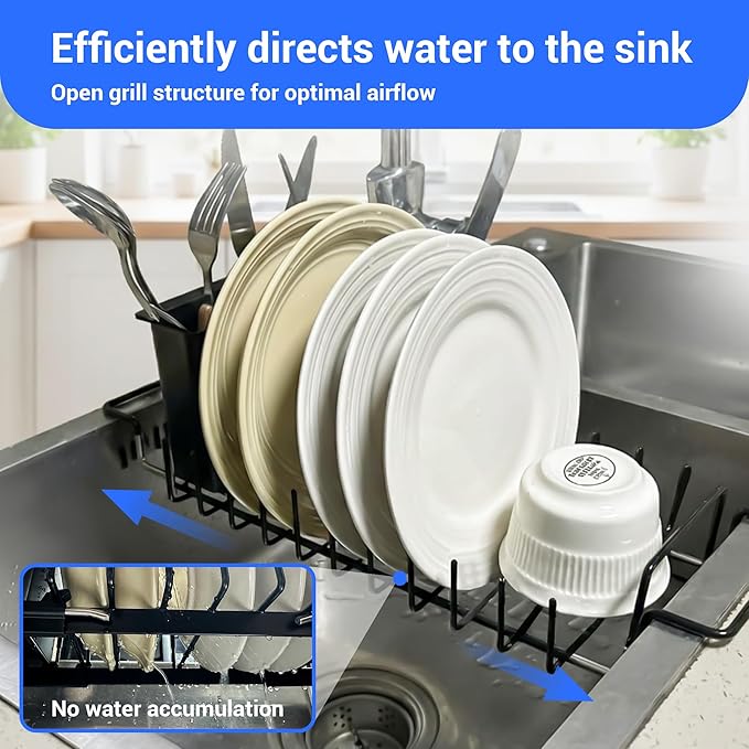 WZGUSXN Dish Drying Rack, Stainless Steel Expandable Over/in Sink & Countertop, Space Saving Collapsible Rust-Proof Rack with Silicone Mat Cutlery Holder for Kitchen/RV/Commercial Use (14.56-18.5" L)