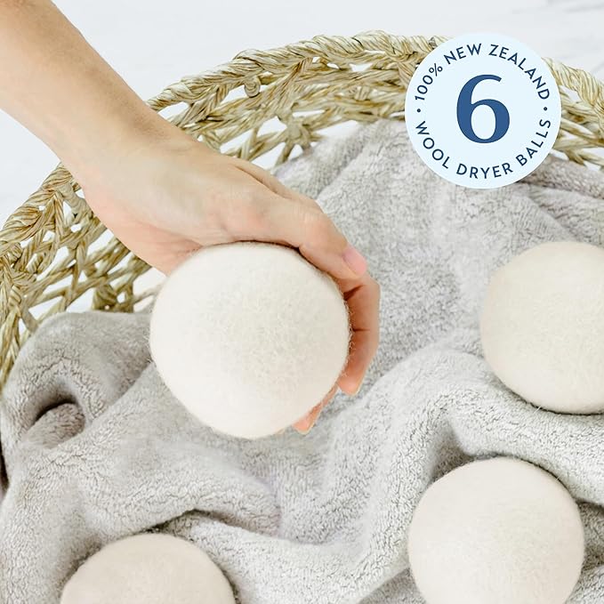 ELYN Wool Dryer Balls 6-Pack - XL, 100% New Zealand Wool, Reusable and Handmade. Fragrance-Free, Natural Fabric Softener, Reduce Wrinkles and Decrease Drying Time (White)