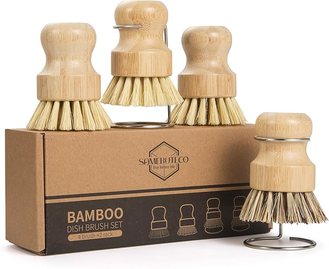 SAMEBUTECO 6-Piece Bamboo Dish Brush Set with Fast-Dry Stainless Steel Holder,3xNatural Sisal Bristle Brush & 1xPalm Bristle Kitchen Cleaning Brushes for Dishes, Pots, Pans & Sink
