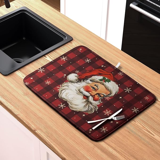Kwlegh Santa Claus Christmas Dish Drying Mat Xmas Red and Black Buffalo Plaid Snowflake Drying Mats Winter Holiday Dishes Drying Pad Microfiber Absorbent Dish Drainer Rack Mat 18x24 Inch