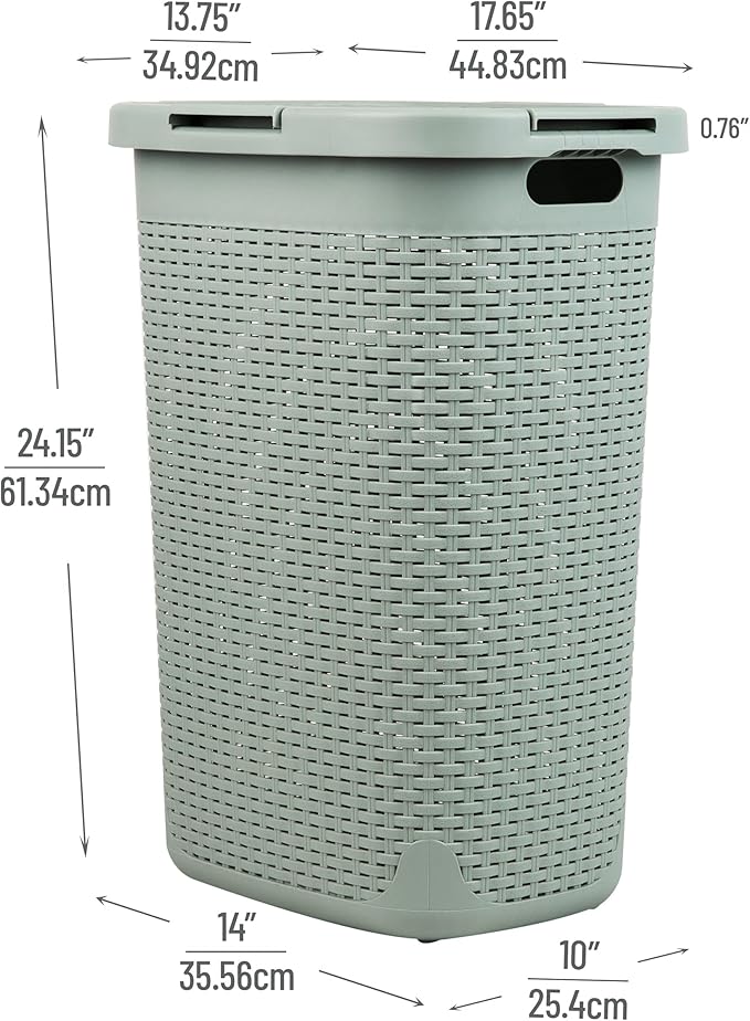 Mind Reader Slim Laundry Hamper with Lid, 60L Clothes Basket, Premium Wicker Design, Plastic, Mint
