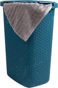 Mind Reader Slim Laundry Hamper with Lid, 60L Clothes Basket, Premium Wicker Design, Plastic, Blue
