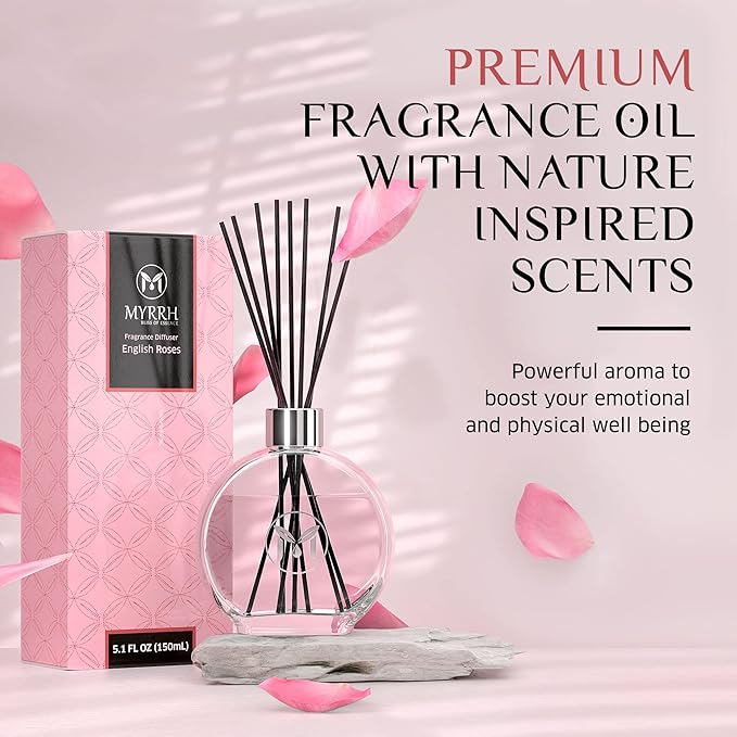 English Roses Scented Reed Diffuser Set with 8 Rattan Diffuser Sticks, 150 ml, All Natural Air Freshener, Long-Lasting Diffusers at Home - MyrrhUSA