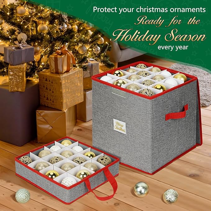 Christmas Ornament Storage Box with Adjustable Dividers, 4 Removable Trays, Christmas Ornament Organizer Ornament Holder Holds Up to 64 Xmas Balls, Durable Christmas Ball Storage Container