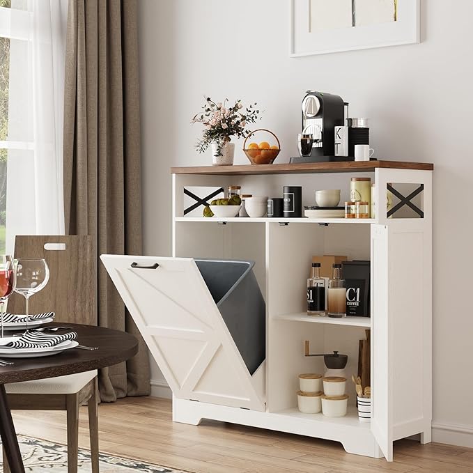 Tilt Out Trash Can Cabinet for 13 * 1 Gallon Trash Can, Farmhouse Kitchen Island Cabinet with Adjustable Shelf for Hidden Laundry Basket, Dog Proof Garbage Can for Dining Living Room, White