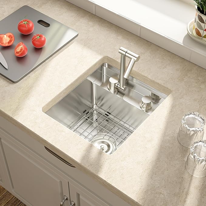 Lordear 15x17 Indoor Outdoor Kitchen Sink with Foldable Faucet Samll Bar Prep 16 Gauge T304 Stainless Steel Single Bowl Basin for Island Camper Wet Bar Prep Mobile Home