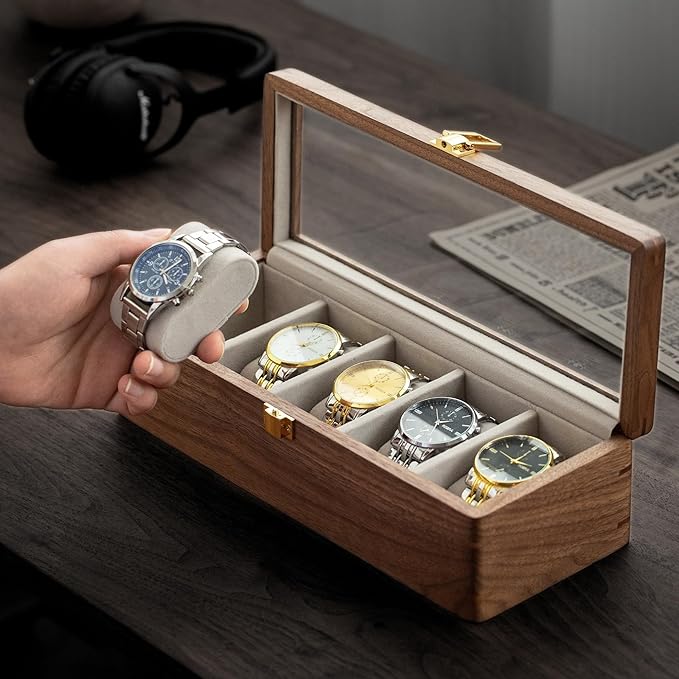 muso wood Watch Display Box, 5 Slot Watch Case for Men, Watch Organizer Box with Glass Lid, Watch Case with Removable Velvet Pillow, Father's Day Gift - 5 Slot, Walnut