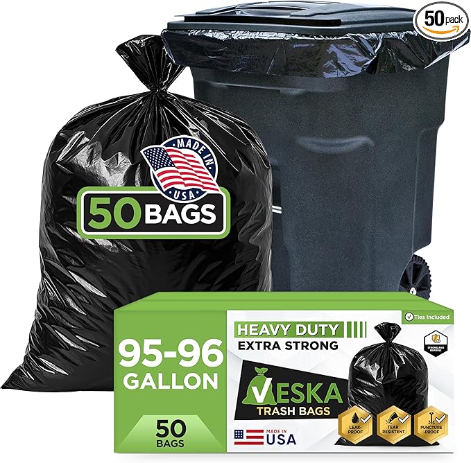 Veska 95-96 Gallon Trash Bags Heavy Duty (Huge 50 Bags W/Ties) 95-96 Gallon Trash Bags Large Black Heavy Duty Can Liners, Large 90-100 Gallon Garbage Can Liners