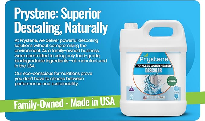 Prystene Tankless Water Heater Descaler Solution (32 Fluid Ounces) - Professional-Grade Descaler/Cleaner Restores Heating Efficiency. Easy to Use, Food Grade Ingredients, Biodegradable, Made in USA.