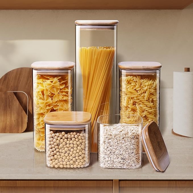 HomArtist Square Glass Jars with Bamboo Lids [Muti Size Set of 5], Glass Canisters with Airtight Lids, Glass Food Storage Containers for Pasta, Cereal, Flour, Sugar, Best for Kitchen & Pantry
