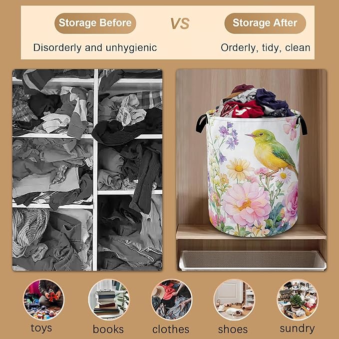 Laundry Basket,Watercolor Flowers Collapsible Laundry Baskets,Green Bird Waterproof Oxford Hamper with Handles for Bathroom Bedroom Nursery Home Storage 16"x20"