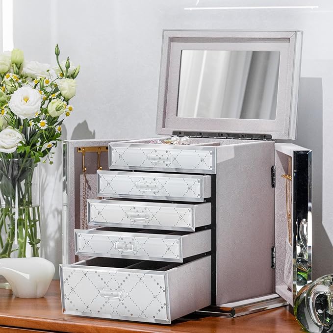 Glass Jewelry Box, 5-Layer Storage Case,Jewerly Boxes for Women Girls,Jewelry Gift Decorative Boxes, Art Painting Tabletop Organizer For Earring Necklace Watch Christmas Gifts