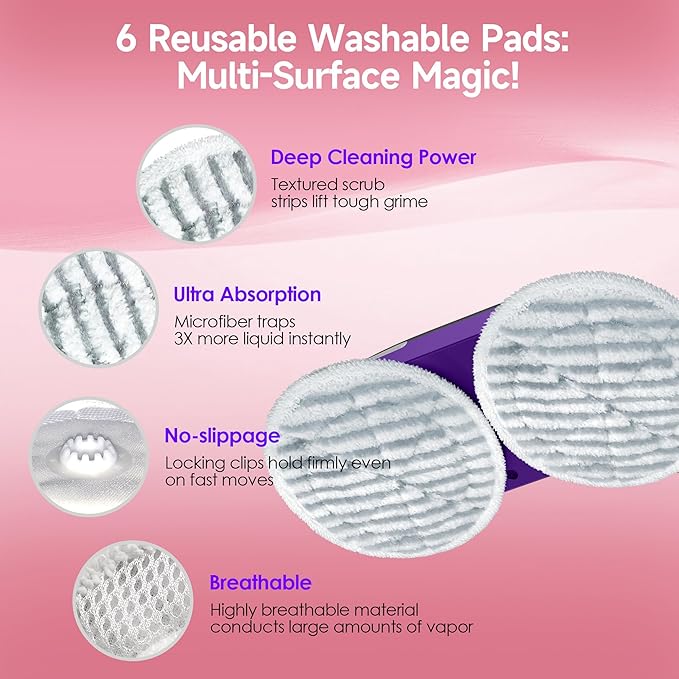 BOJUK Scrub and Steam Mop with LED Headlights, All-in-One Hard Floor Cleaner Rotating Mop, 6 Cleaning Pads, Swivel Steering, Cable Holder & XL Water Tank