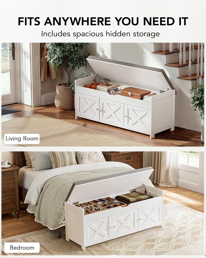 Amada Shoe Storage Bench, Entryway Bench with Cushioned Seat & Lift Top Storage, 3 Doors, Adjustable Shelf, 300 lbs Capacity, Bench with Shoe Rack for Entryway, Bedroom, Living Room, White