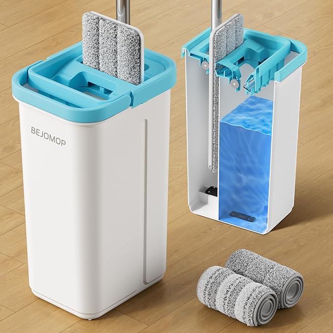 BEJOMOP Mop and Bucket Set with Wringer, Turquoise-Cyan Wall Mop Cleaner with Long Handle, Squeeze Flat Mop and Bucket System, Dry & Wet Dust Mop for Household Floor Cleaning with 2 Microfiber Mops