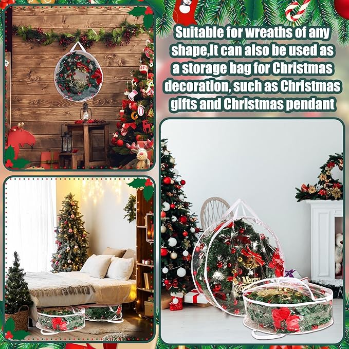 Zhengmy 2 Pcs Christmas Wreath Storage Bags Transparent Wreath Storage Container Wreaths Box with Dual Zippers and Handles for Xmas Holiday Wreaths Garland (24 Inch, 36 Inch)