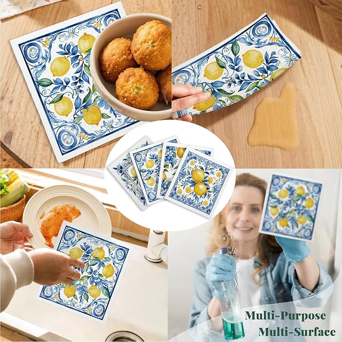 LARTSFRO Swedish Dishcloths for Kitchen, Papaya Reusable Paper Towels Washable, Summer Lemon Vintage Floral Swedish DishCloths for Friut, 4 Pack Dish Towels for Kitchen, No Odor Cleaning Cloths
