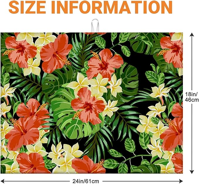 Dish Drying Mat For Kitchen Counter, Tropical Flower On Black Microfiber Absorbent Dish Drainer Rack Pad Reusable Large 18x24in Drying Mat