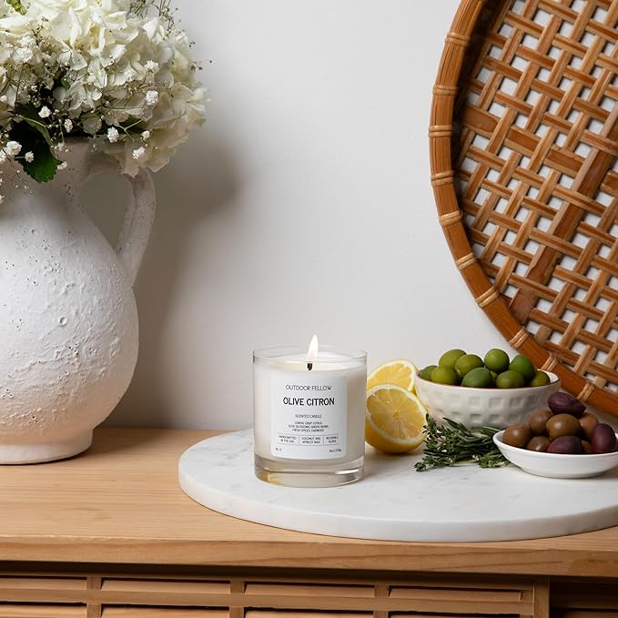 Outdoor Fellow Olive Citron Scented Candle – Highly Scented 8oz Jar Candle with Lemon, Citrus & Herbs – Non Toxic, Long Lasting Fragrance for Lemon Decor Accent in Home or Kitchen