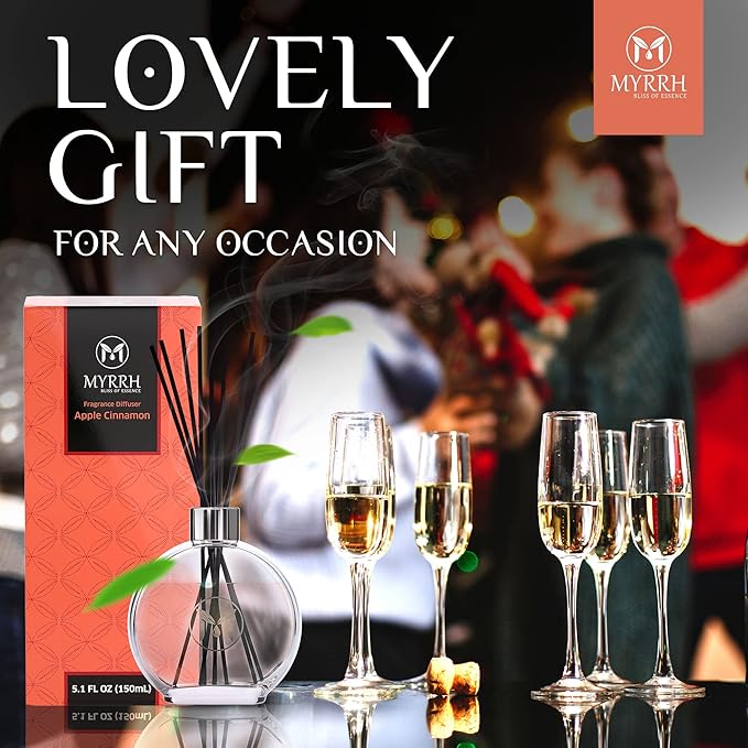 Apple Cinnamon Scented Reed Diffuser Set with 8 Rattan Diffuser Sticks, 150 ml, All Natural Air Freshener, Long-Lasting Diffusers at Home, MyrrhUSA