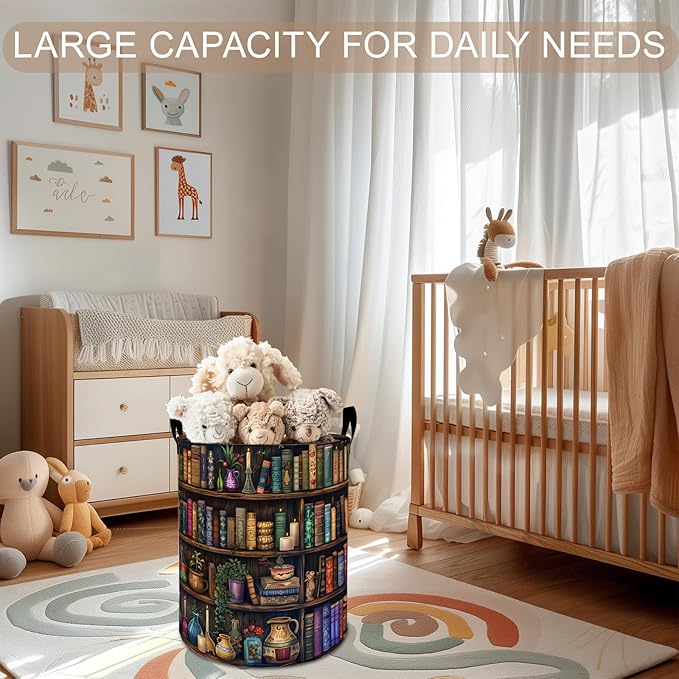 Bookshelf Laundry Basket Hamper 19.7"x15.8", Retro Library Foldable Waterproof Oxford Clothes Storage Bucket for Room Bathroom Bedroom Nursery Decor, Toy Organizer Bins Gifts for Kids Boys Girls