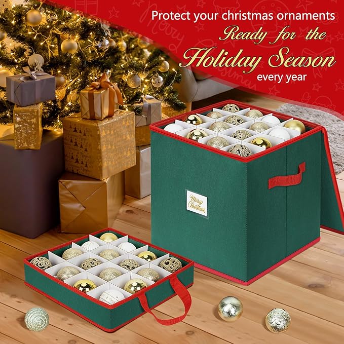 Christmas Ornament Storage Box Stores 64 Ornaments, with Adjustable Dividers, 4 Removable Trays, Dual Zippers, Non-Woven Christmas Ornament Organizer Holder, Christmas Ball Storage Container