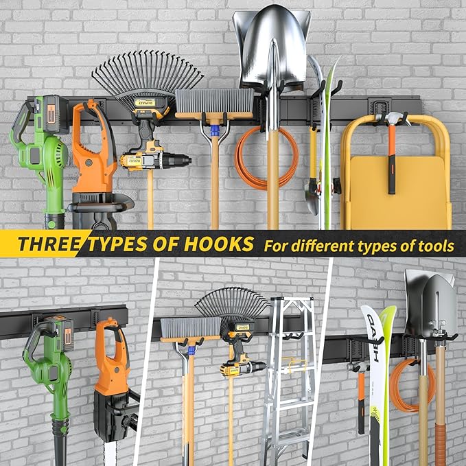 UUP 48" Garage Tool Organizer Wall Mount, 440lbs Garden Garage Storage Garage Organization with Adjustable Heavy Duty Hanging Hooks, Yard Rack Hanger System Shovel Rake Broom Ladder Holder, Men Gift