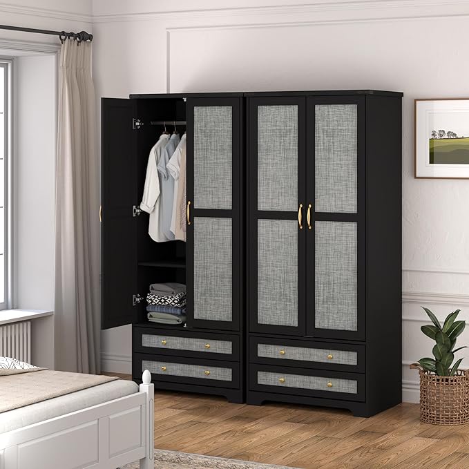 Brafab Armoire Wardrobe Closet with 2 Modern Doors Set of 2, 71" Tall Freestanding Closet Wardrobe Cabinet with Drawers and Hanging Rail, Wooden Storage Cabinet with Shelve for Bedroom, Black