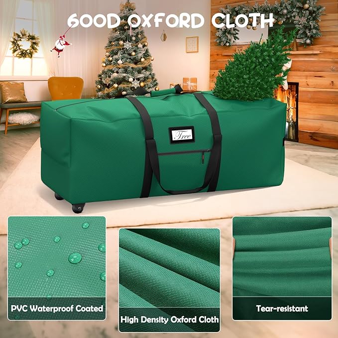 Mrrihand Christmas Tree Storage Bag, Large Artificial Anti-Tear Heavy-Duty 600D Oxford Cloth Xmax Christmas Tree Storage Box with Rolling Wheels, Christmas Tree Storage Container (Green, 7.5Ft)