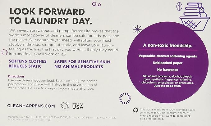 Better Life Natural Dryer Sheets, Unscented, 80 Count