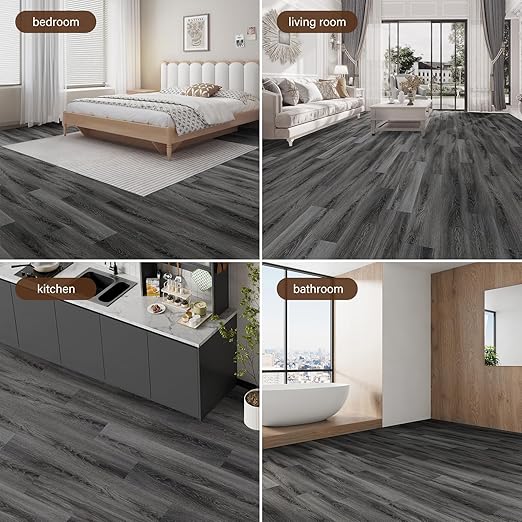 Peel and Stick Floor Tile, INMOZATA Self Adhesive Vinyl Plank Flooring Wood Grain Look 36-Pack 54 Sq.Ft Grey Waterproof Tile Sticker for Bedroom, Living Room, Kitchen, RV (Dull Gray)
