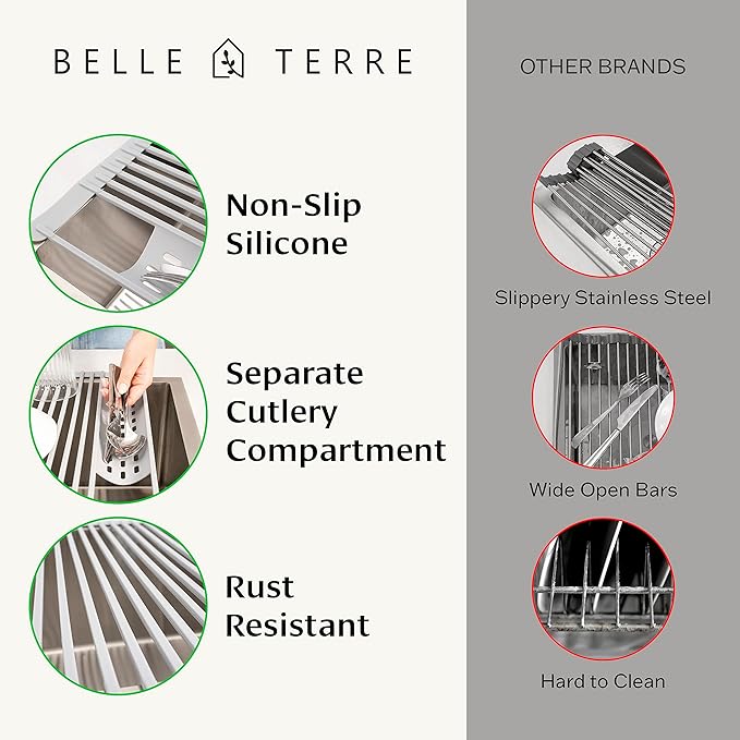 BELLE TERRE Multipurpose Roll-Up Dish Drying Rack - Silicone Wrapped, Heat-Resistant, Anti-Slip - Perfect for Small Kitchen Sink, 17" x 13"