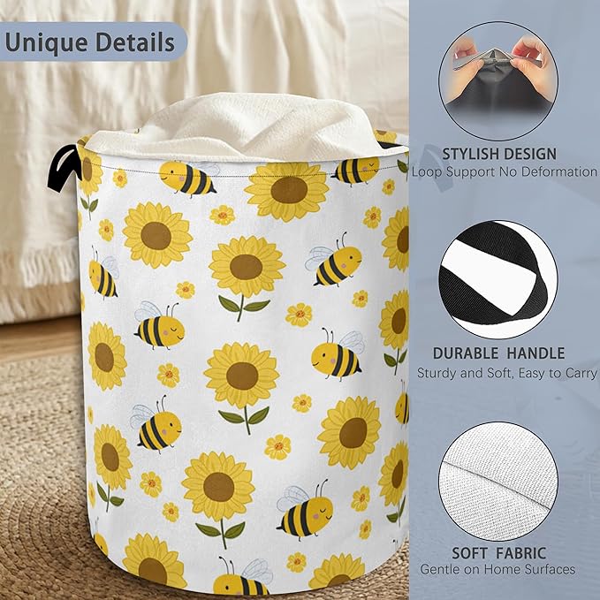 Cute Bee Laundry Basket,SunFlower Foldable with Handles Tote Bag Oxford Cloth for Bathroom Bedroom Dirty Clothes Storage Bucket 16" x 20.8"