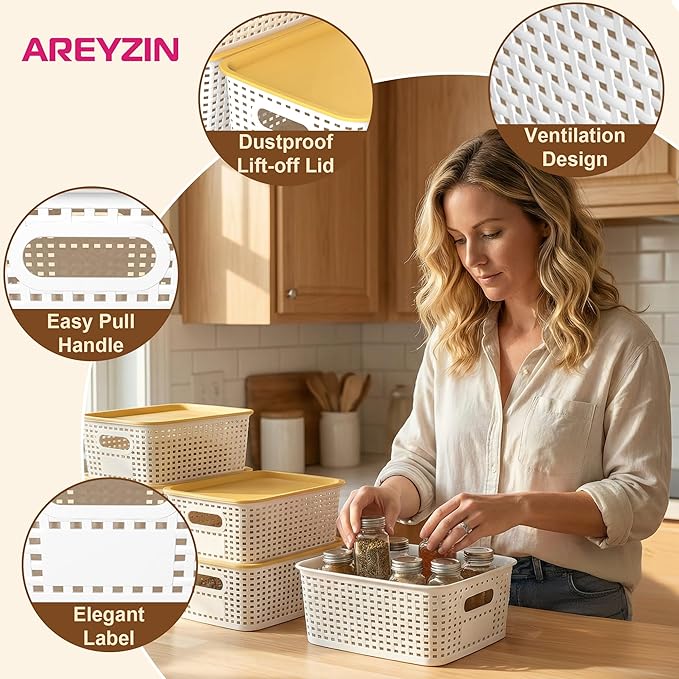 AREYZIN Small Plastic Storage Bins with Lids, 6-Pack Stackable Pantry Organizers and Storage Containers for Shelves, Closet Organization, Drawer Organizer Bins,White & yellow lids
