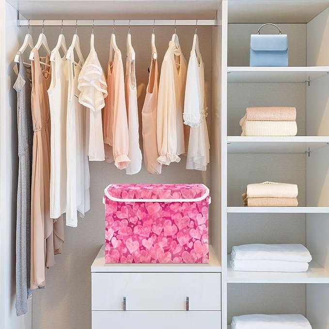 Bolaz Storage Bins with Lids and Handles,Valentines Day Pink Hearts Storage Box Storage Basket with Cover Collapsible Organizer Containers for Home Closet, Shelves
