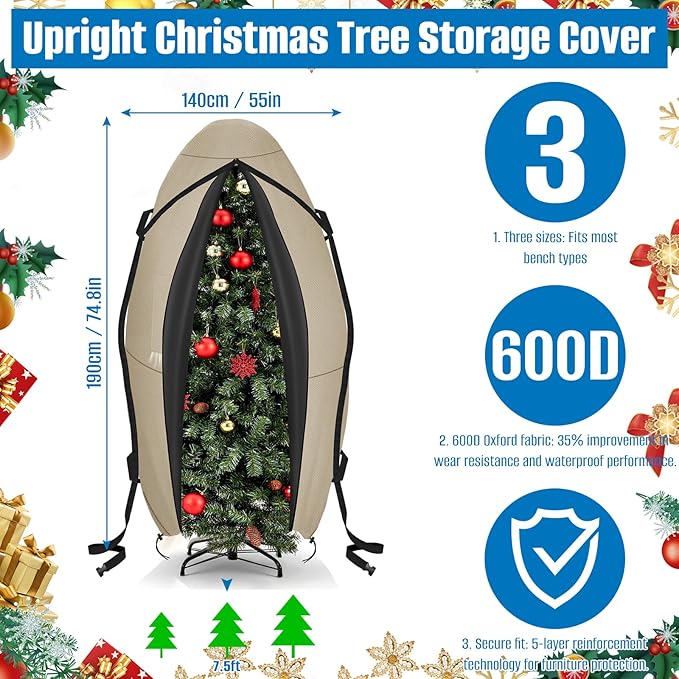 SIRUITON Upright Christmas Tree Storage Bag for 7.5 ft Tall,Heavy Duty 600D Oxford Fabric Vertical Xmas Storage Bags,Waterproof & Tear-Resistant Christmas Tree Cover with UV Protection