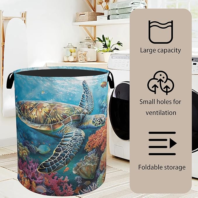 Sea Turtle Foldable Canvas Laundry Basket with Handles - Storage Organizer, Heavy Duty for Home，Bedroom, Dorm, Bathroom