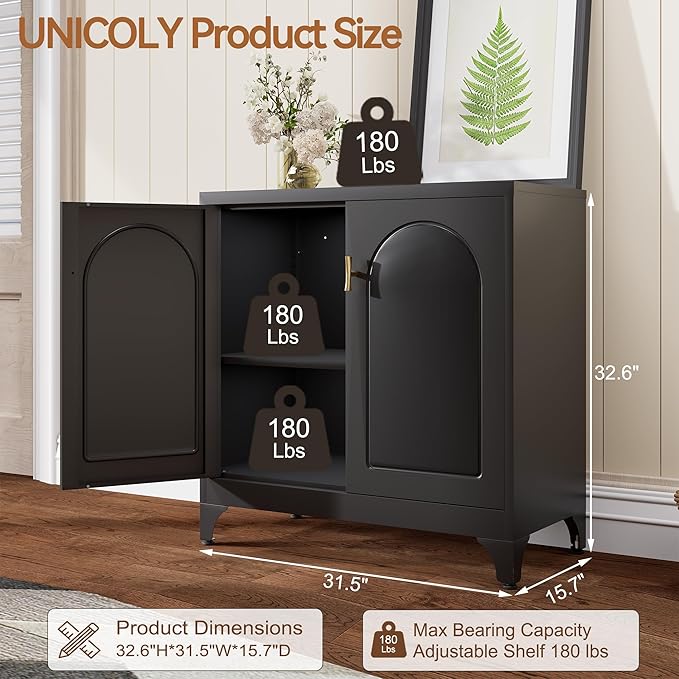 Buffet Cabinet with Storage, 33" H Side Board Storage Cabinet with Doors and Shelves, Metal Sideboard Cabinets for Dining Room, Living Room, Assembly Required, Black