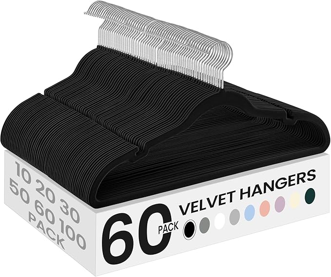 SONGMICS Velvet Hangers 60 Pack, Non-Slip Clothes Hangers with Shoulder Notches, Pants Bar, 360° Swivel Hook, Space-Saving, for Closet, Ink Black UCRF030B01