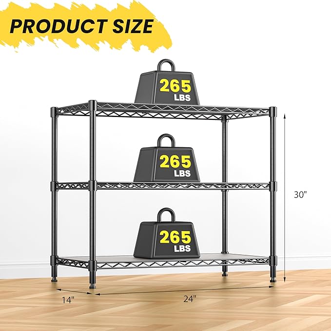 RackBro 3-Tier Storage Shelves 795LBS Metal Shelving Unit, Adjustable Wire Rack Small Shelf Organizer with 3 Shelf Liners for Kitchen Pantry Office Bedroom Closet Garage 24" W x 14" D x 30" H Black
