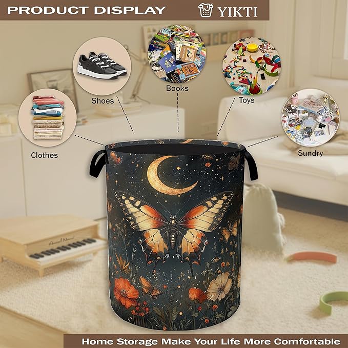 Laundry Hamper,Vintage Butterfly Flower Laundry Basket,Gothic Garden Moon Portable Collapsible Laundry Room Organization Storage for Dorm Room,Nursery,Bathroom,Bedroom,16x20 Inch