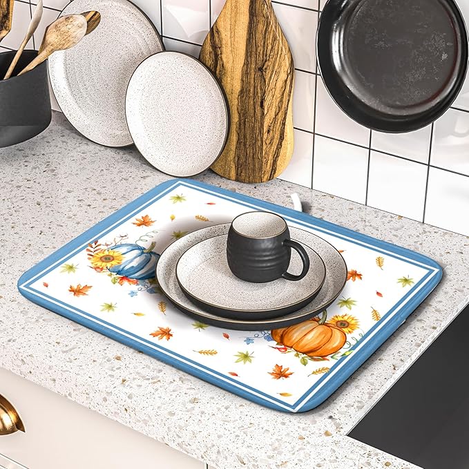 Fall Pumpkin Dish Drying Mat for Kitchen Counter 16×18 Inch Blue Dishes Pad Washable Thanksgiving Dish Rack Pad Drainer Mat Autumn Absorbent Reversible Microfiber Dish Drying Pad for Coffee Bar