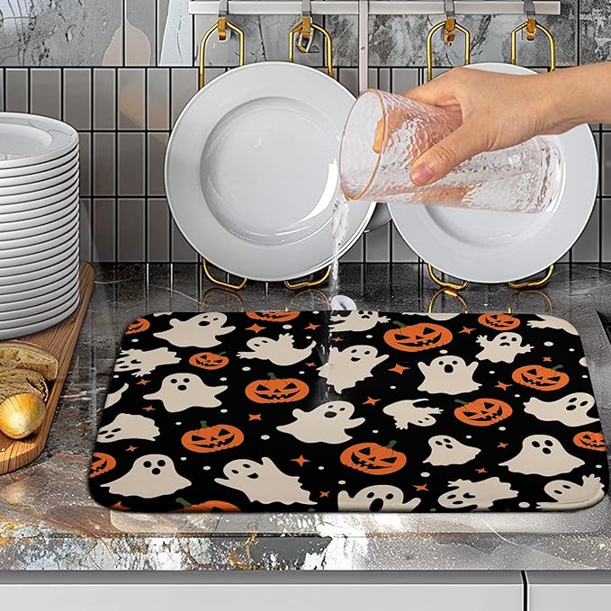 Wnoesat Halloween Dish Drying Mat for Kitchen Counter Pumpkin Spooky Ghosts Fall Dish Mat Absorbent Microfiber Reversible Dish Draining Mat Medium Dishes Pad 16 X 18 Inch