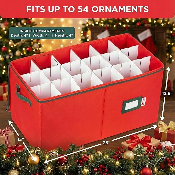 Christmas Ornament Storage Container with Dividers - Box Stores Up to 54 Ornaments, Zippered, Convenient, Adjustable, Large Organizer Bin to Protect Holiday Décor, Fits Most Standard Size, Red