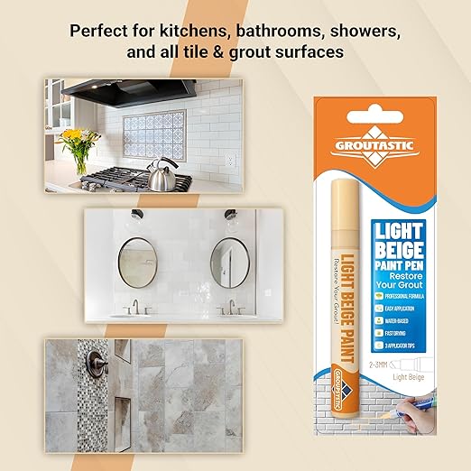 Light Beige Grout Paint Pen – Restore and ReColor Your Grout – Restores, Colors & Seals – Fast Drying, Waterproof, Long Lasting Color for Bathroom, Showers & Kitchen Floors.