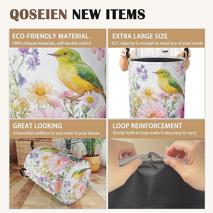 Laundry Basket,Watercolor Flowers Collapsible Laundry Baskets,Green Bird Waterproof Oxford Hamper with Handles for Bathroom Bedroom Nursery Home Storage 16"x20"