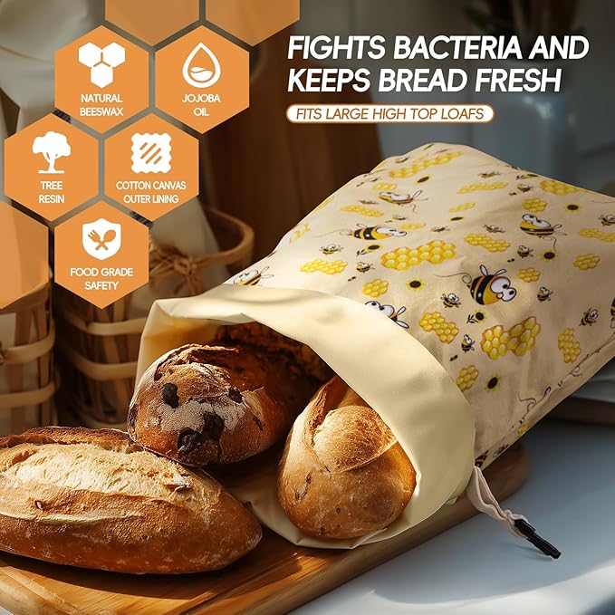 Zackoo Beeswax Bread Bags for Homemade Bread (2 Pack), Sourdough Bread Bag with Removable Beeswax Lining for Keeping Fresh, Reusable Food Storage Bag