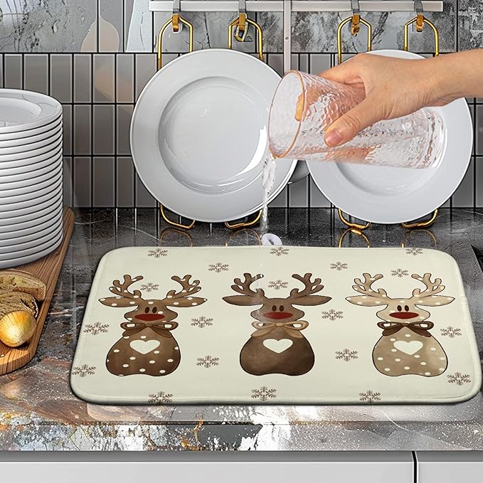 Wnoesat Christmas Reindeer Snowflakes Dish Drying Mat for Kitchen Counter 16x18 Inch Winter Xmas Holiday Drying Pads Microfiber Absorbent Dish Draining Mat Large Dish Drainer Rack Mat